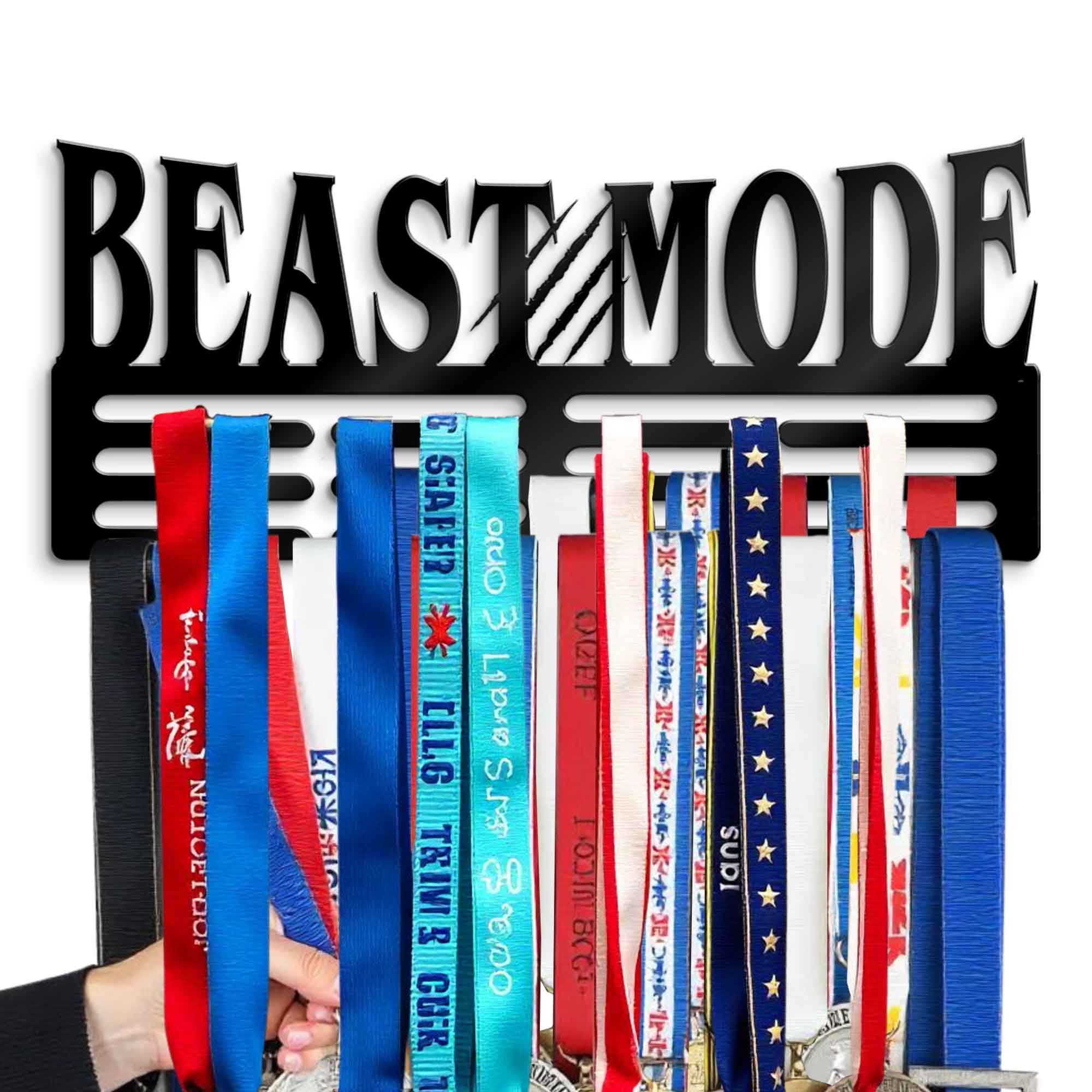 Beast Mode Medal Hanger Sign - Motivational Gym Quotes Hanger - Gifts for Gym Trainer - Medal Awards Ribbon Hanger