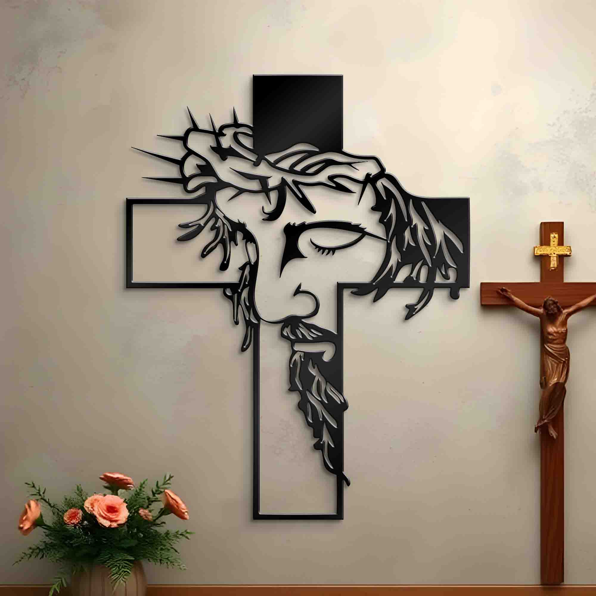 Metal Jesus Wall Decor - Jesus and the Cross Symbol Decor - Christian Home Decor - Religious Home Decoration