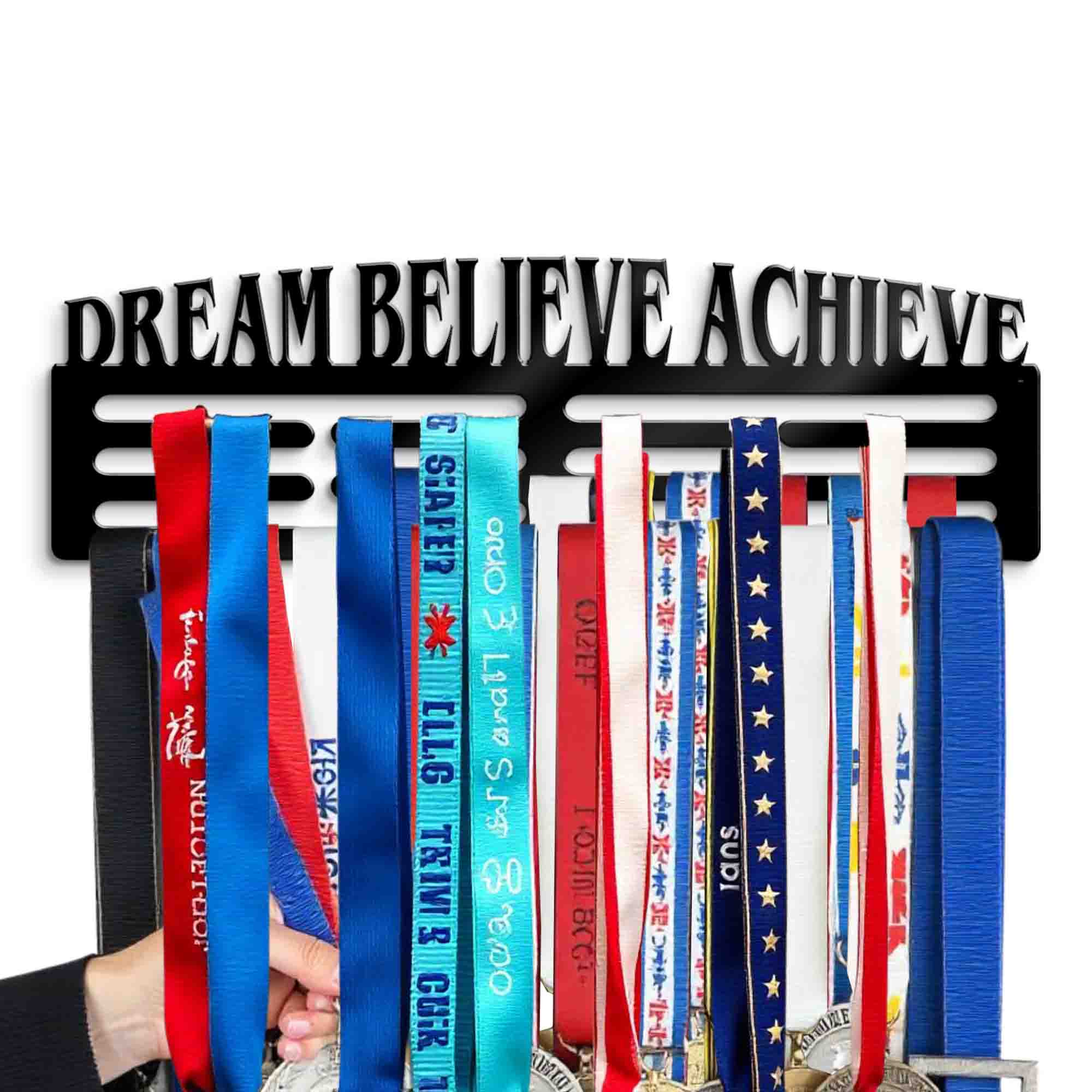 Dream Believe Achieve Medal Hanger Sign - 60 Medals Hanger - Gifts for Son - Positive Quotes Medals Decoration in Room