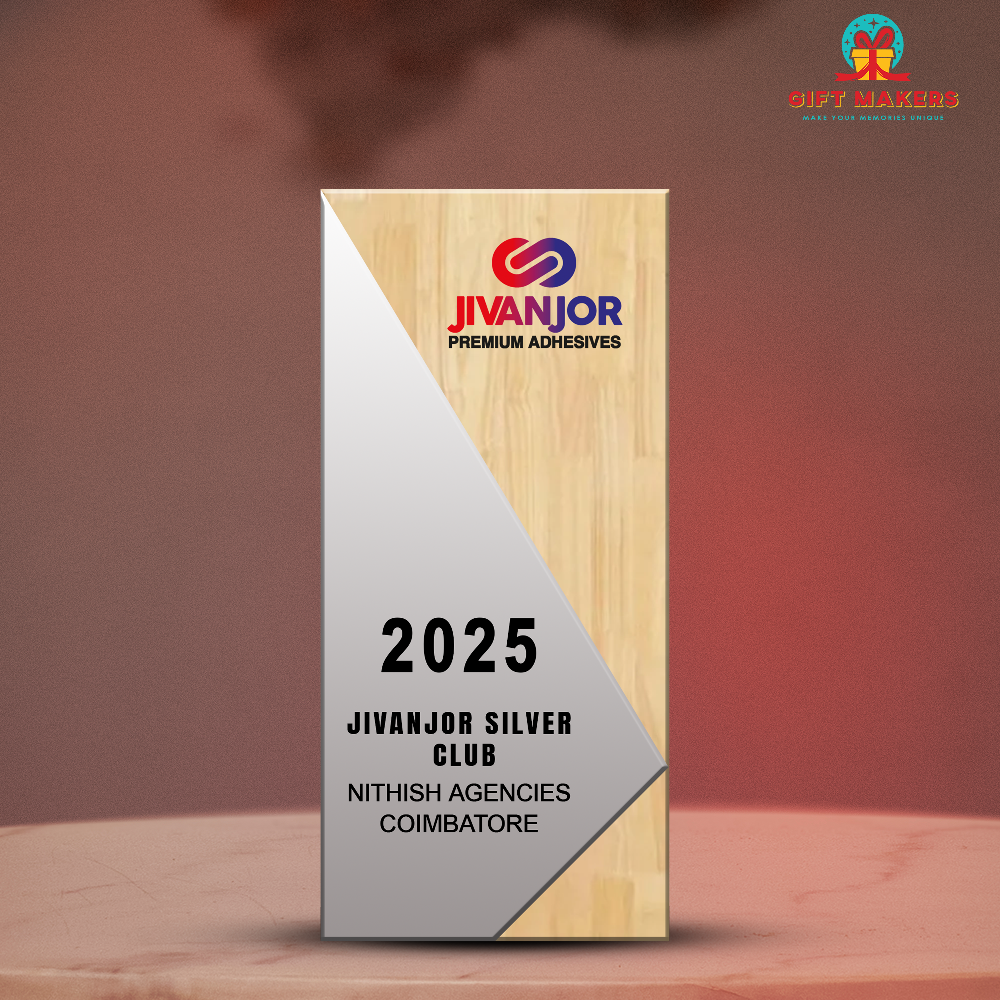 Non-standard shape solid trophy - Award decorated with acrylic and wood