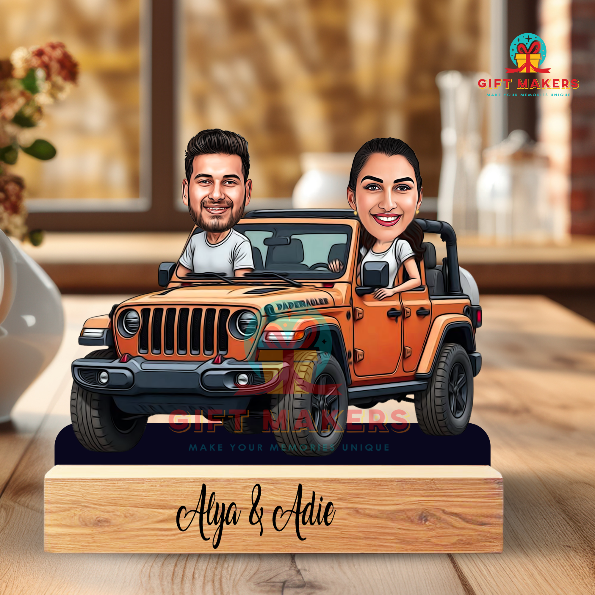 Custom Jeep Theme Caricature Stand, Unique Caricature Table Decor, Birthday Gifts, Couples Valentines Day Gift