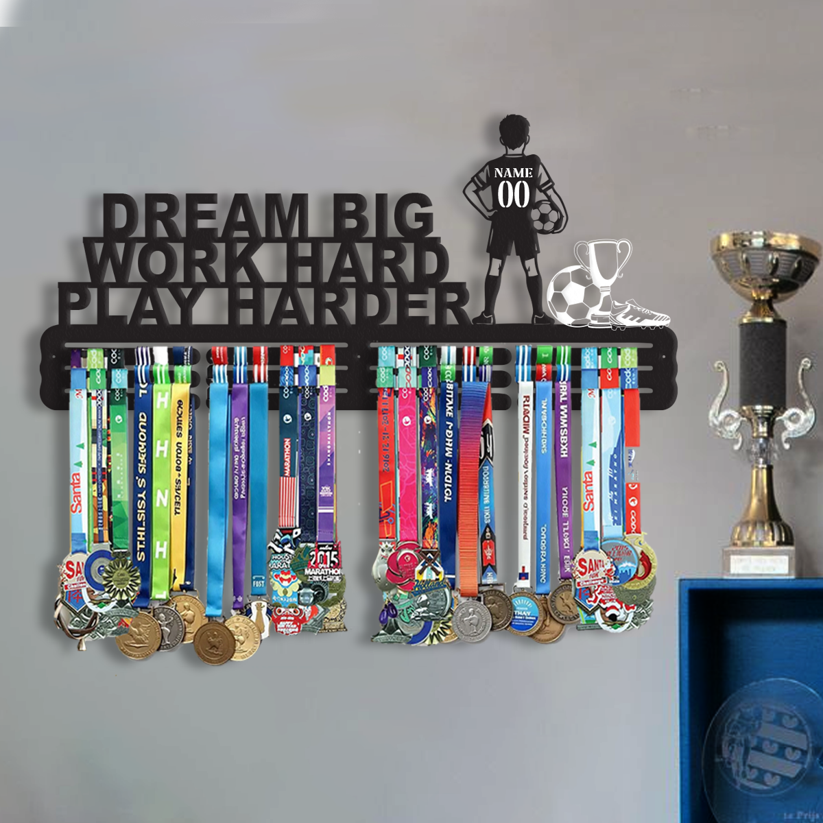 Custom Dream Big Work Hard Play Harder Medal Hanger, Perfect for Kids and Athletes, Medal Display Case,  Medal Frame Holds.