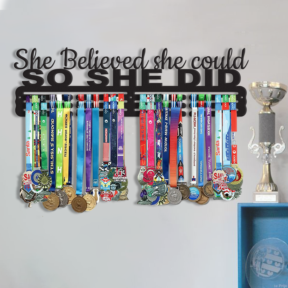 She Believed She Could So She Did Medal Hanger | Wall Mounted Medal Display Rack | Inspirational Medal Holder for Runners, Athletes & Sports Events.