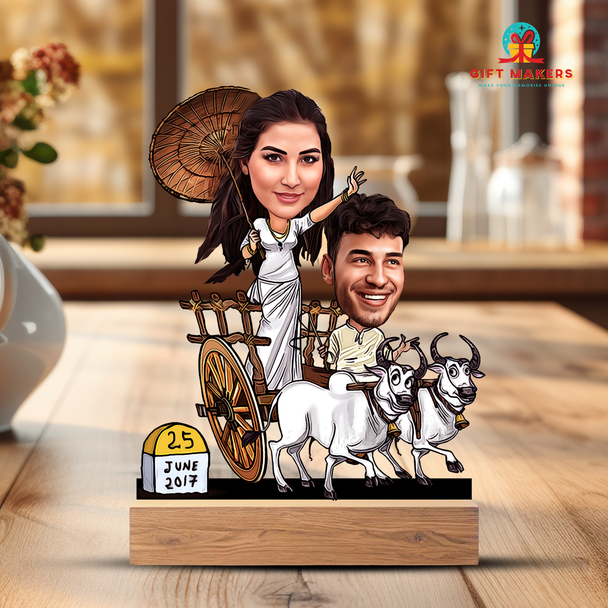 Couple Riding Cow Cart Caricature Artwork, Custom Caricature Artwork