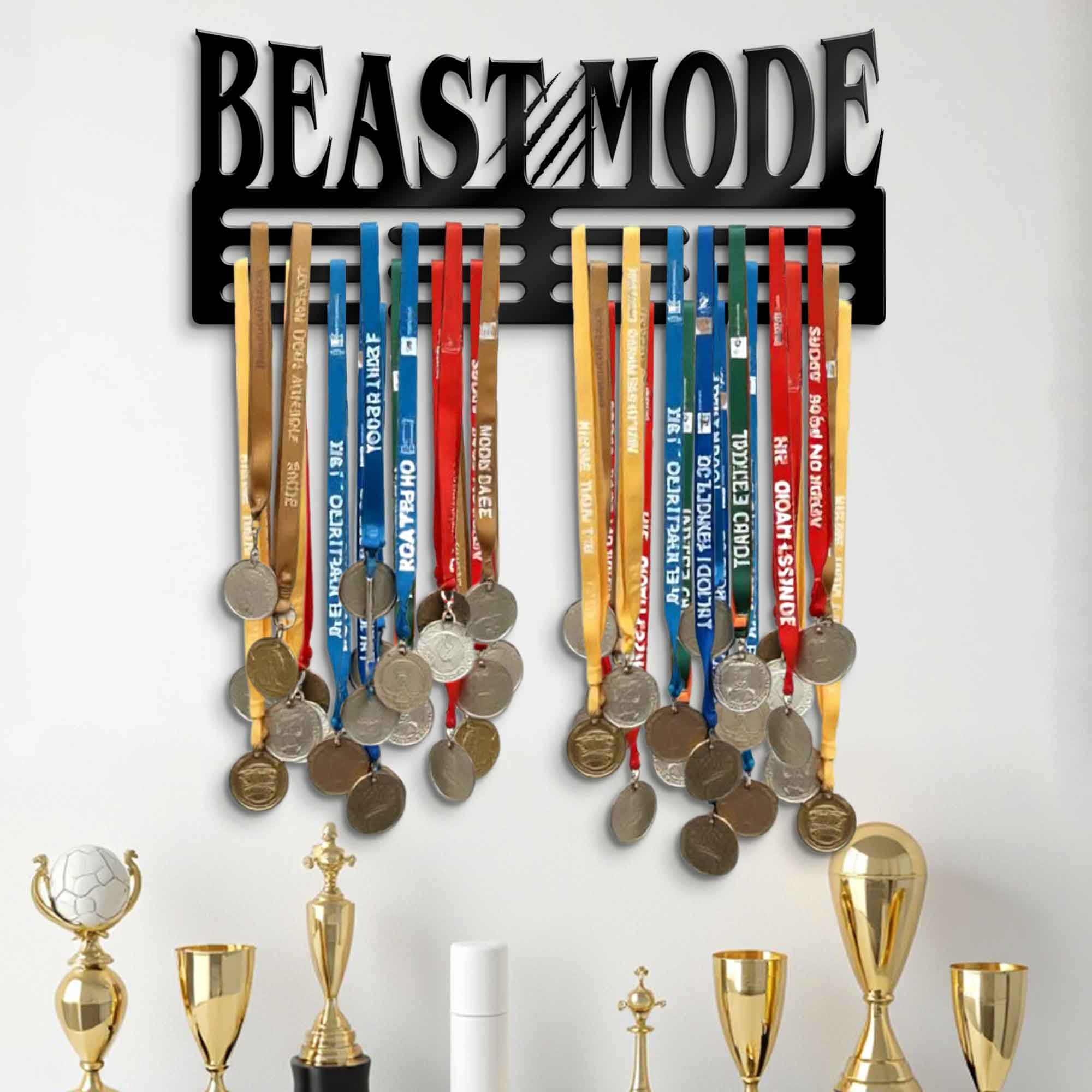 Beast Mode Medal Hanger Sign - Motivational Gym Quotes Hanger - Gifts for Gym Trainer - Medal Awards Ribbon Hanger