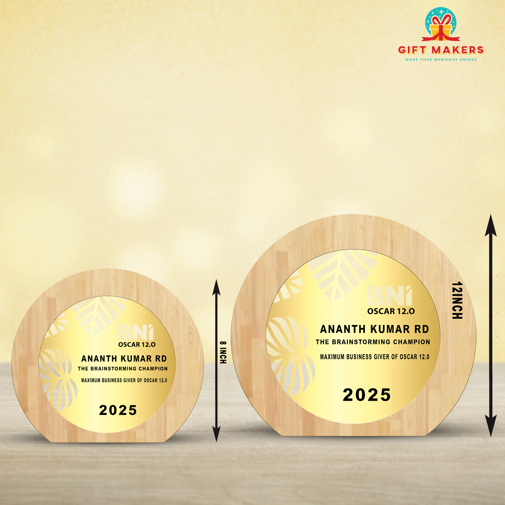 Unique achievement award - round natural wood and metal trophy