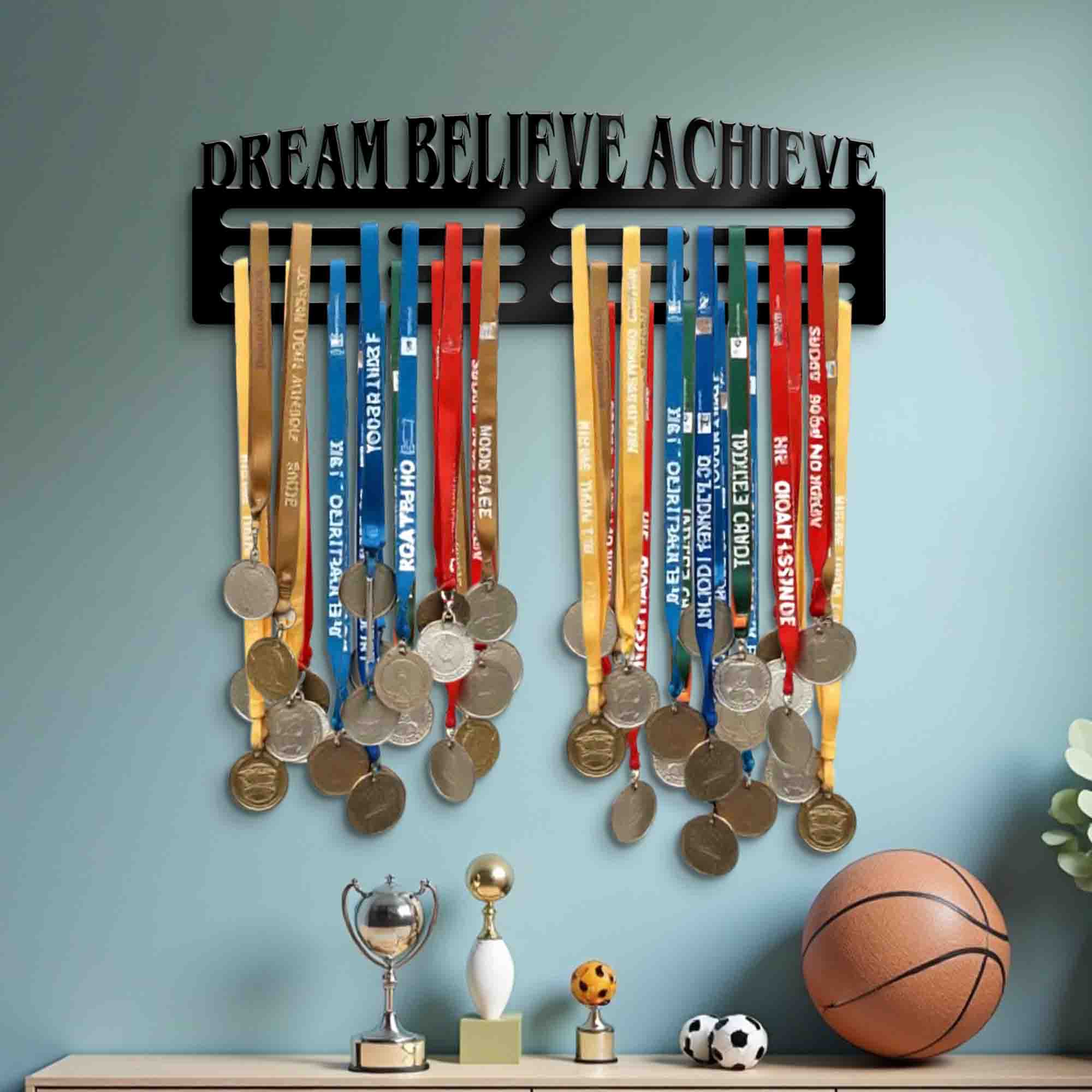 Dream Believe Achieve Medal Hanger Sign - 60 Medals Hanger - Gifts for Son - Positive Quotes Medals Decoration in Room