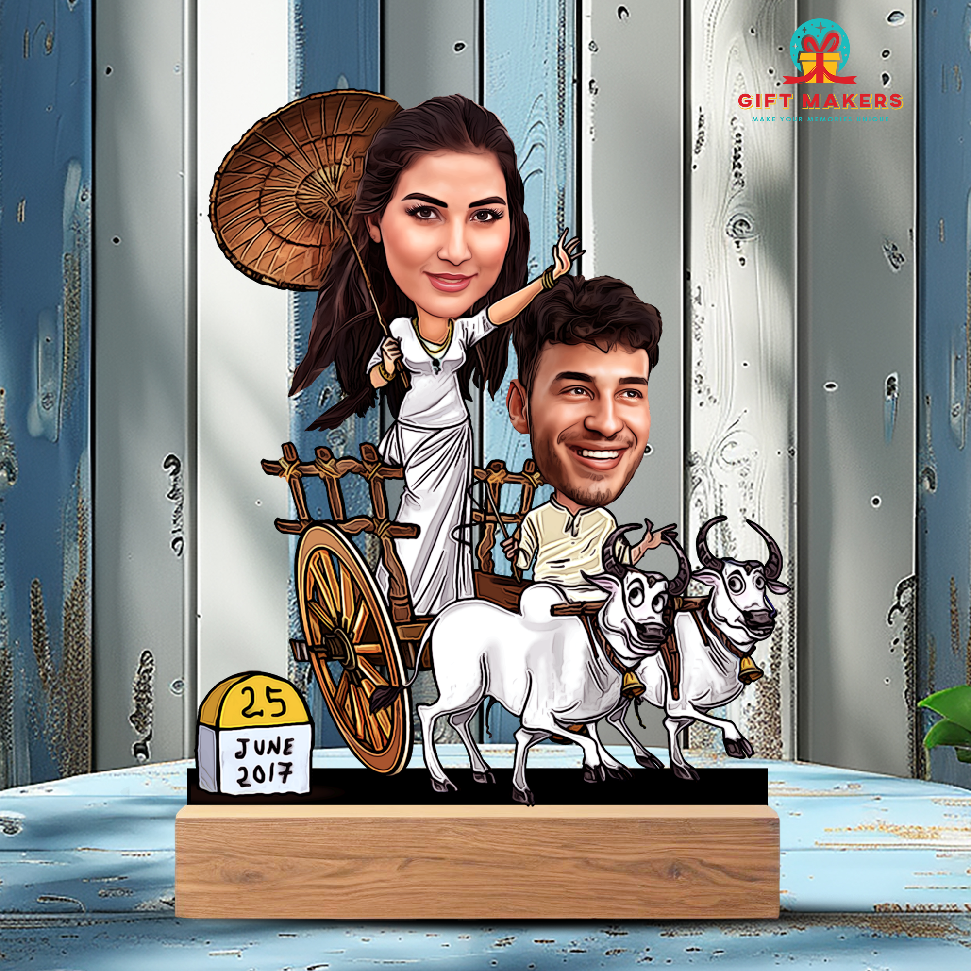 Couple Riding Cow Cart Caricature Artwork, Custom Caricature Artwork