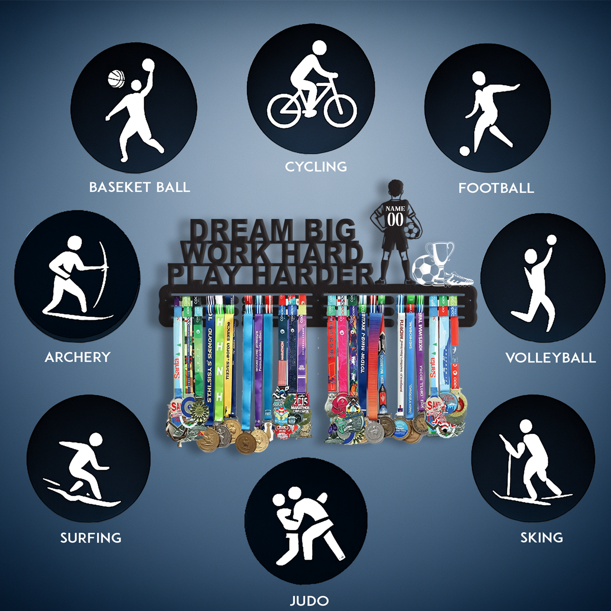 Custom Dream Big Work Hard Play Harder Medal Hanger, Perfect for Kids and Athletes, Medal Display Case,  Medal Frame Holds.