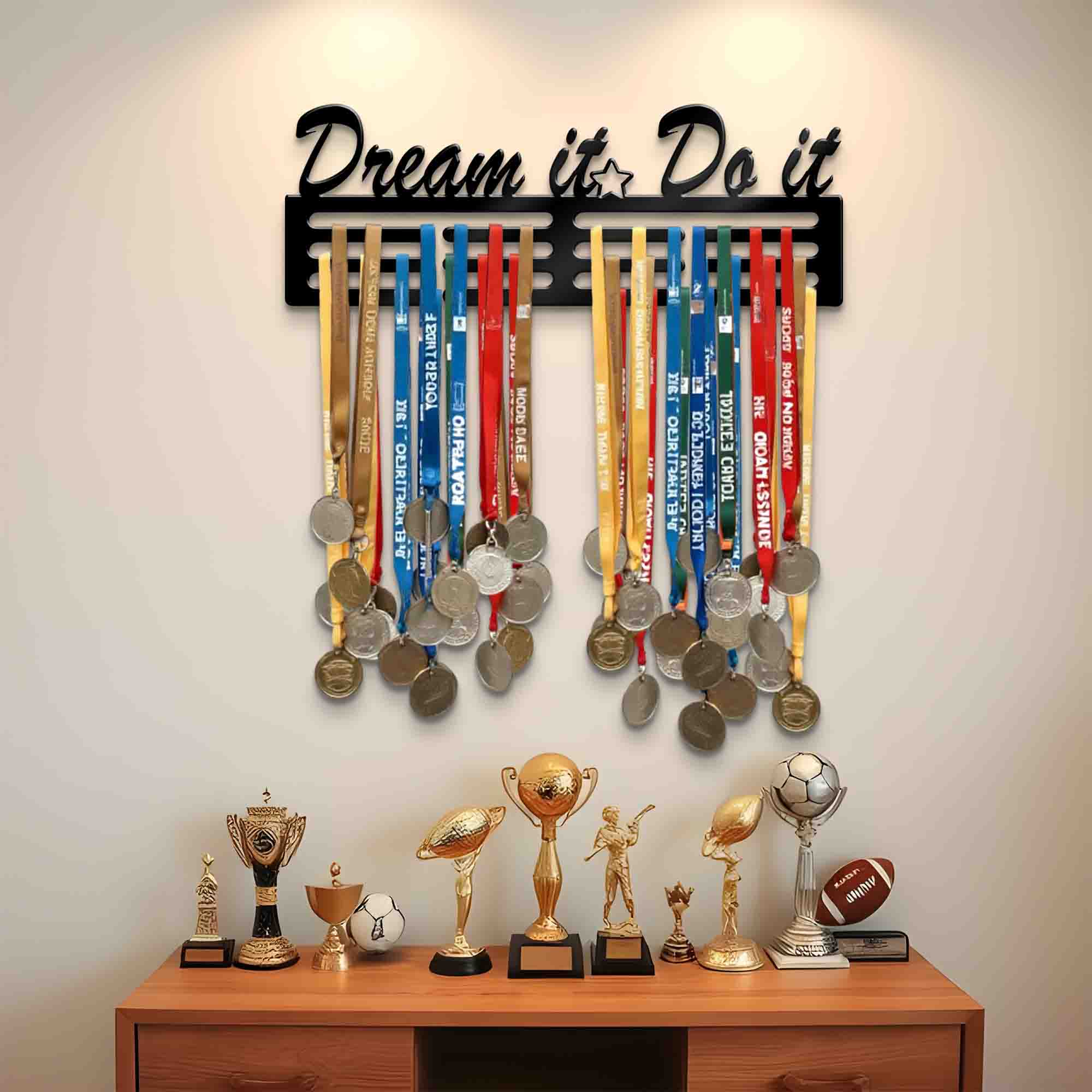 Dream it Do it Medal Organizer - Wall Medals Hanging Sign - Cursive Written Quotes Hanger - Three Rack Medal Hanger
