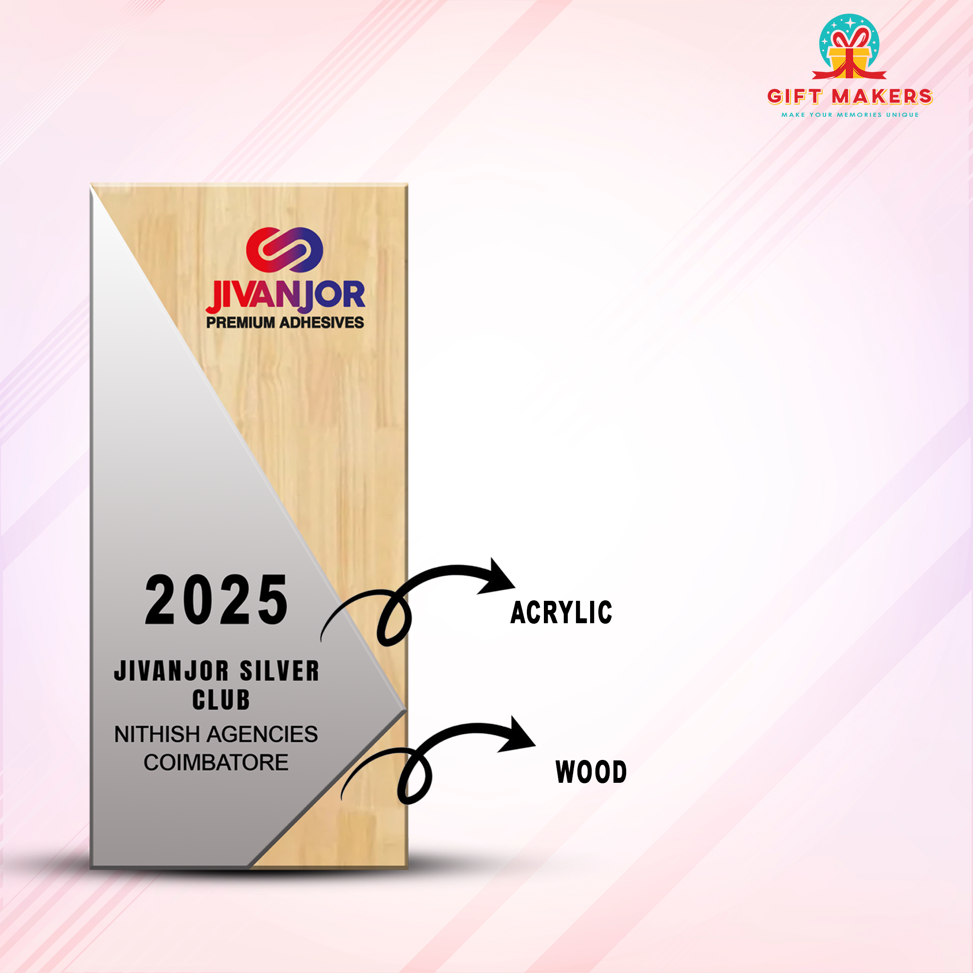 Non-standard shape solid trophy - Award decorated with acrylic and wood