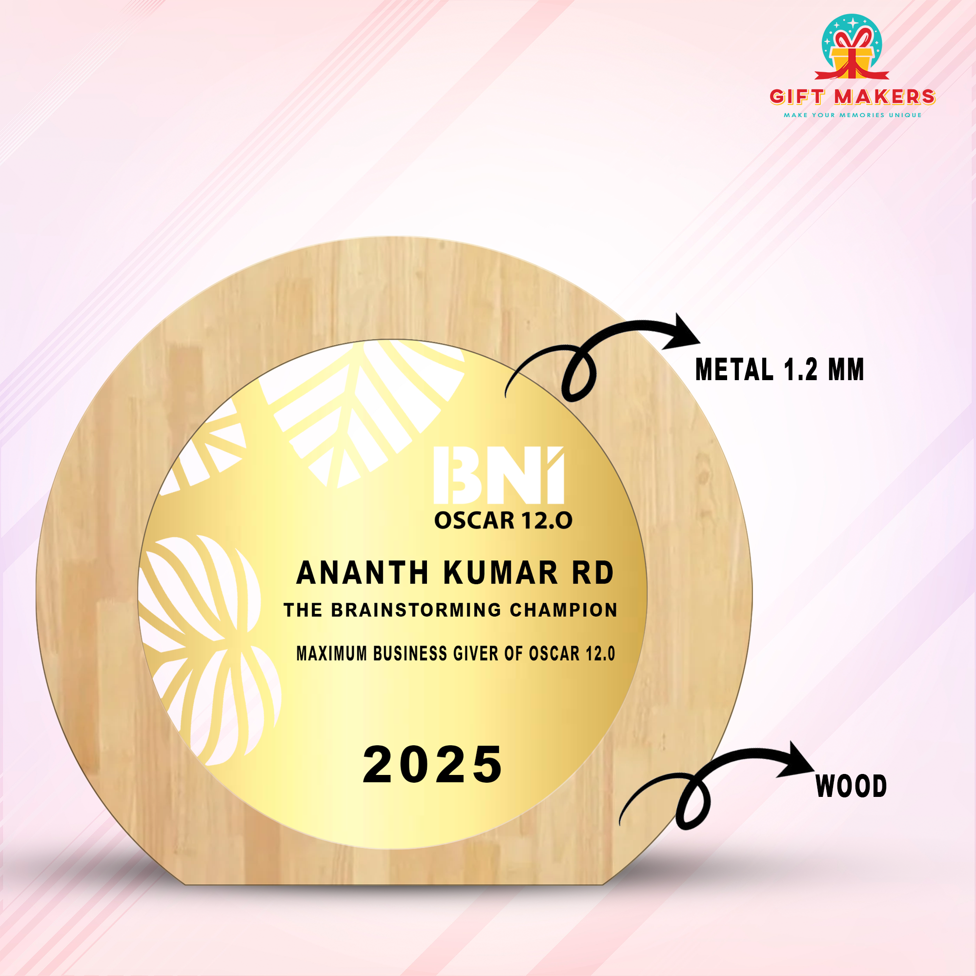 Unique achievement award - round natural wood and metal trophy