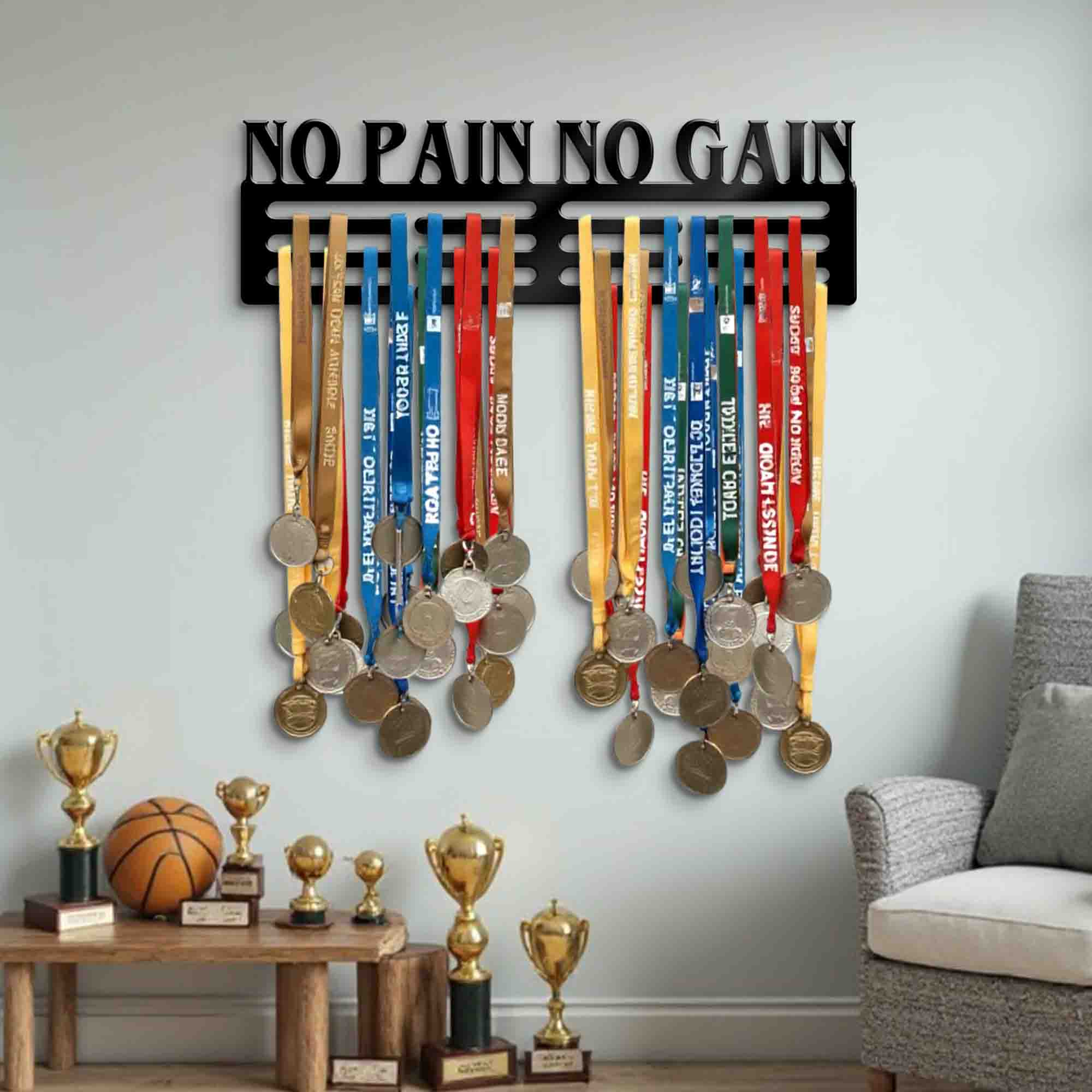 No Pain No Gain Saying Hanger for Medals - Sports Achievement Hanging Decor - Quotes Hanger - Dad Gifts for Son - Wall Mounting Medal Hanger