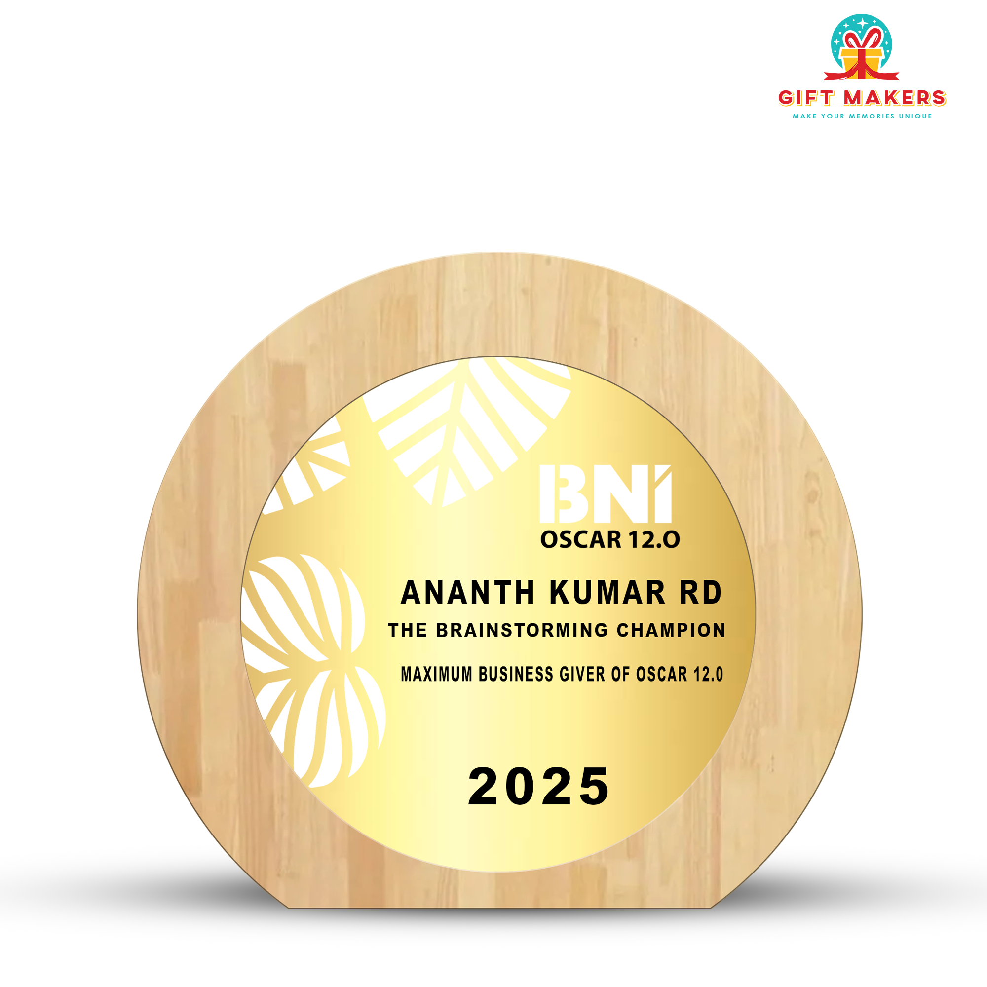 Unique achievement award - round natural wood and metal trophy