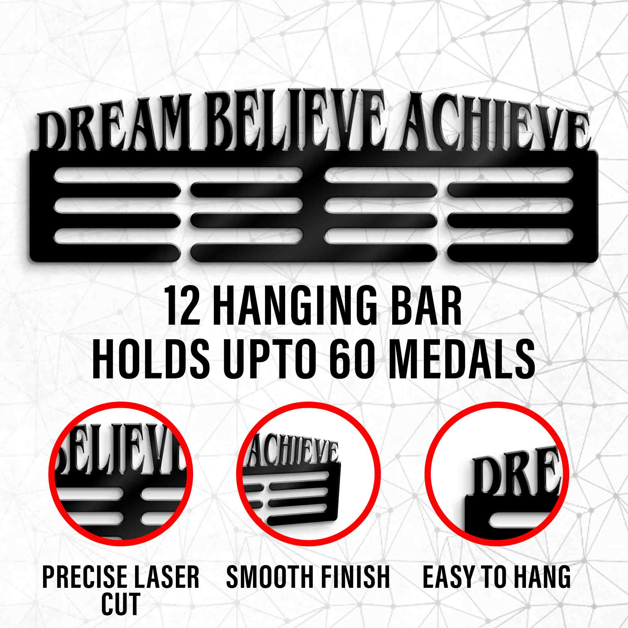 Dream Believe Achieve Medal Hanger Sign - 60 Medals Hanger - Gifts for Son - Positive Quotes Medals Decoration in Room