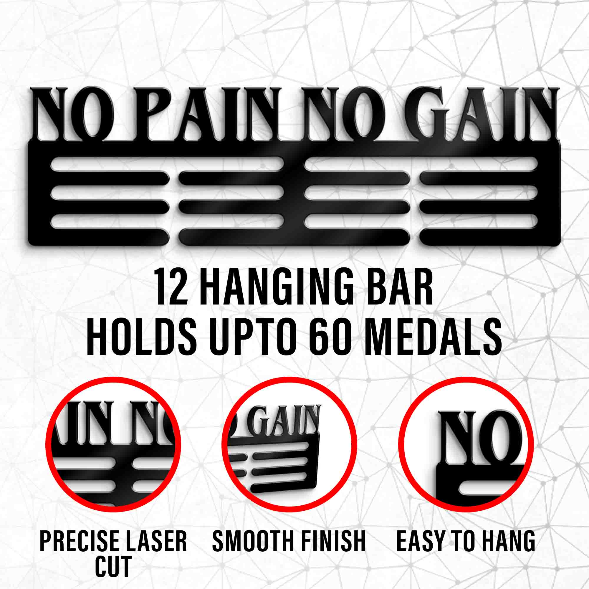 No Pain No Gain Saying Hanger for Medals - Sports Achievement Hanging Decor - Quotes Hanger - Dad Gifts for Son - Wall Mounting Medal Hanger