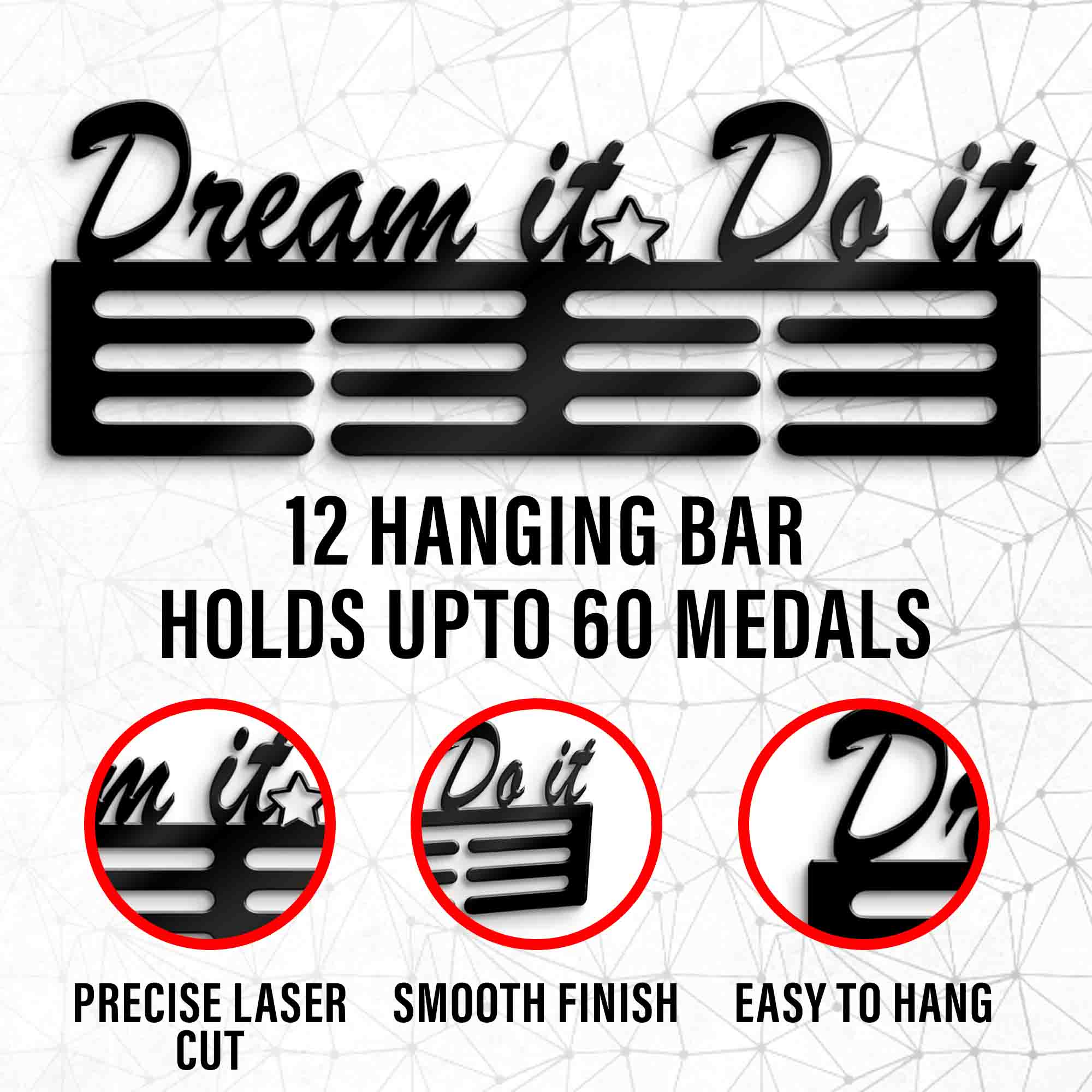 Dream it Do it Medal Organizer - Wall Medals Hanging Sign - Cursive Written Quotes Hanger - Three Rack Medal Hanger