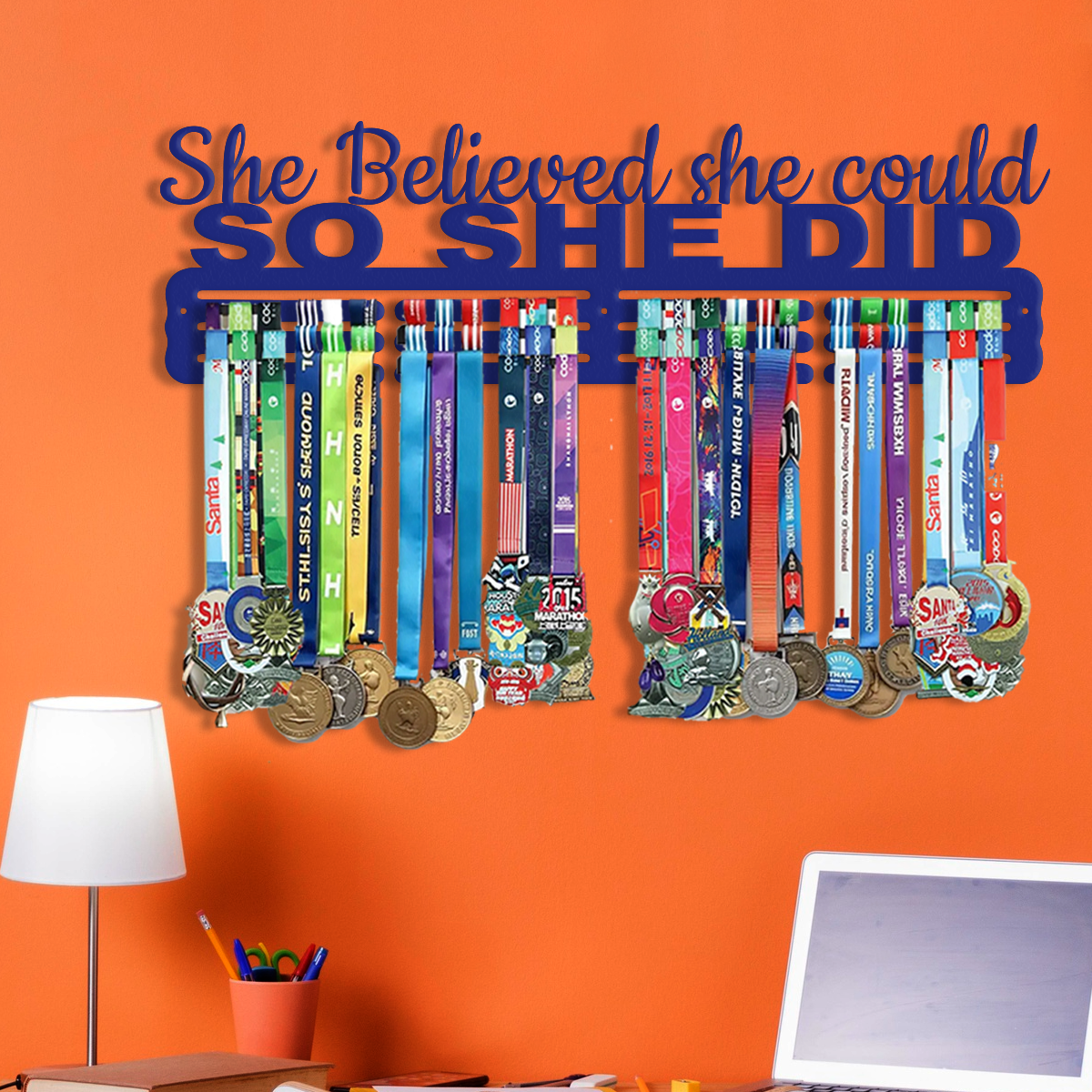 She Believed She Could So She Did Medal Hanger | Wall Mounted Medal Display Rack | Inspirational Medal Holder for Runners, Athletes & Sports Events.