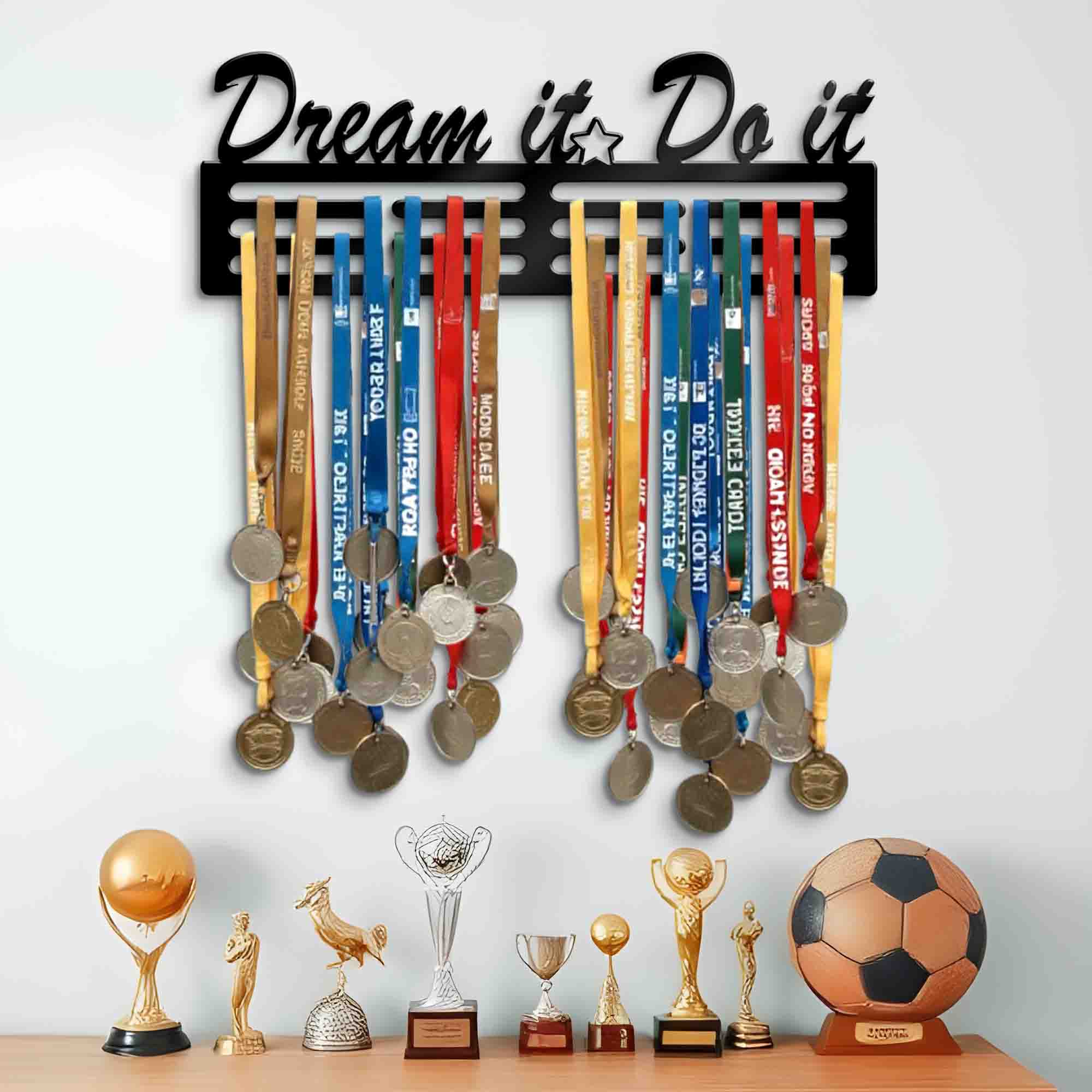 Dream it Do it Medal Organizer - Wall Medals Hanging Sign - Cursive Written Quotes Hanger - Three Rack Medal Hanger