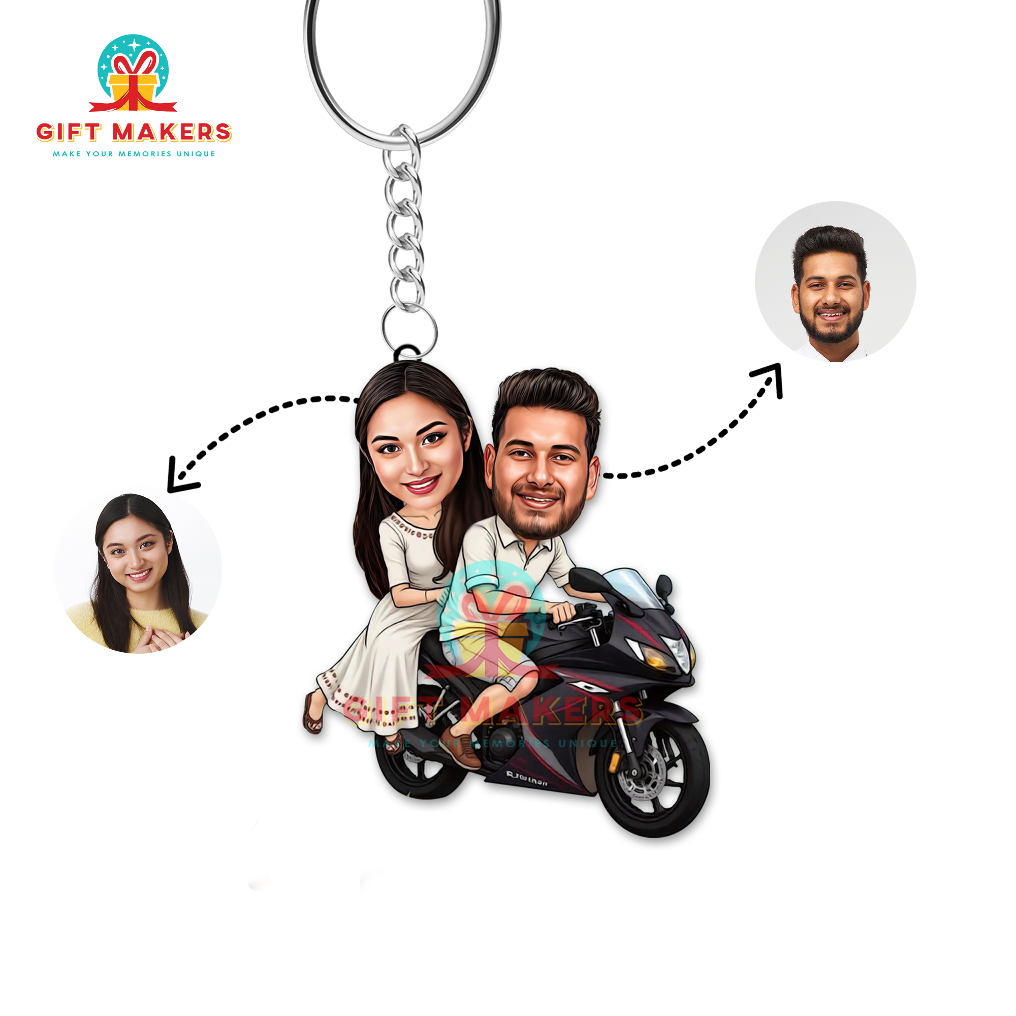 Personalized Caricature Art Keychain, Bike Riding Couple Portrait Keychains, Valentine Gifts, , Keychains for Loved Ones