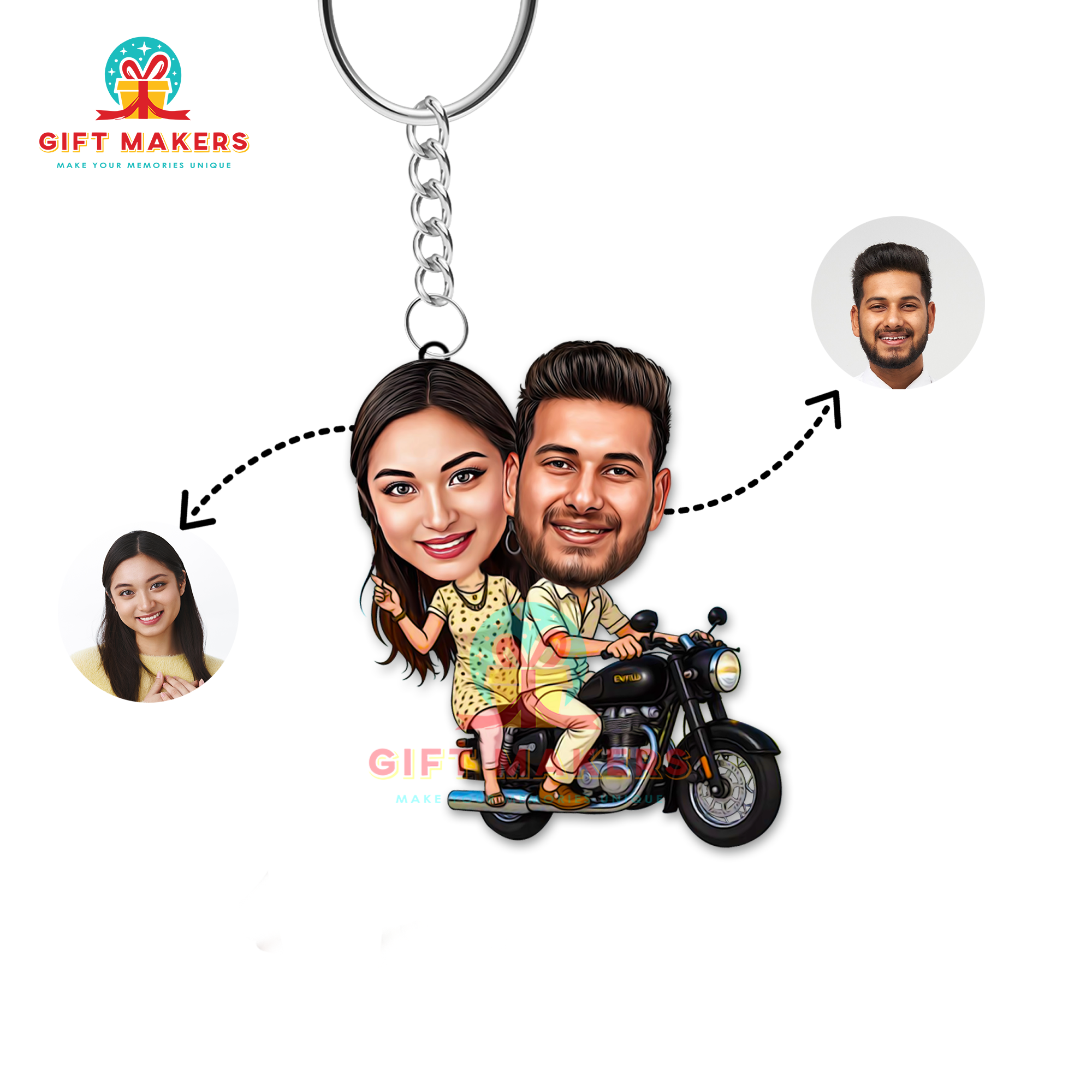 Casual Lovers Caricature Keychain, Royal Enfield Theme Couple Portrait Keychains, Valentines day Loved Ones Gifts