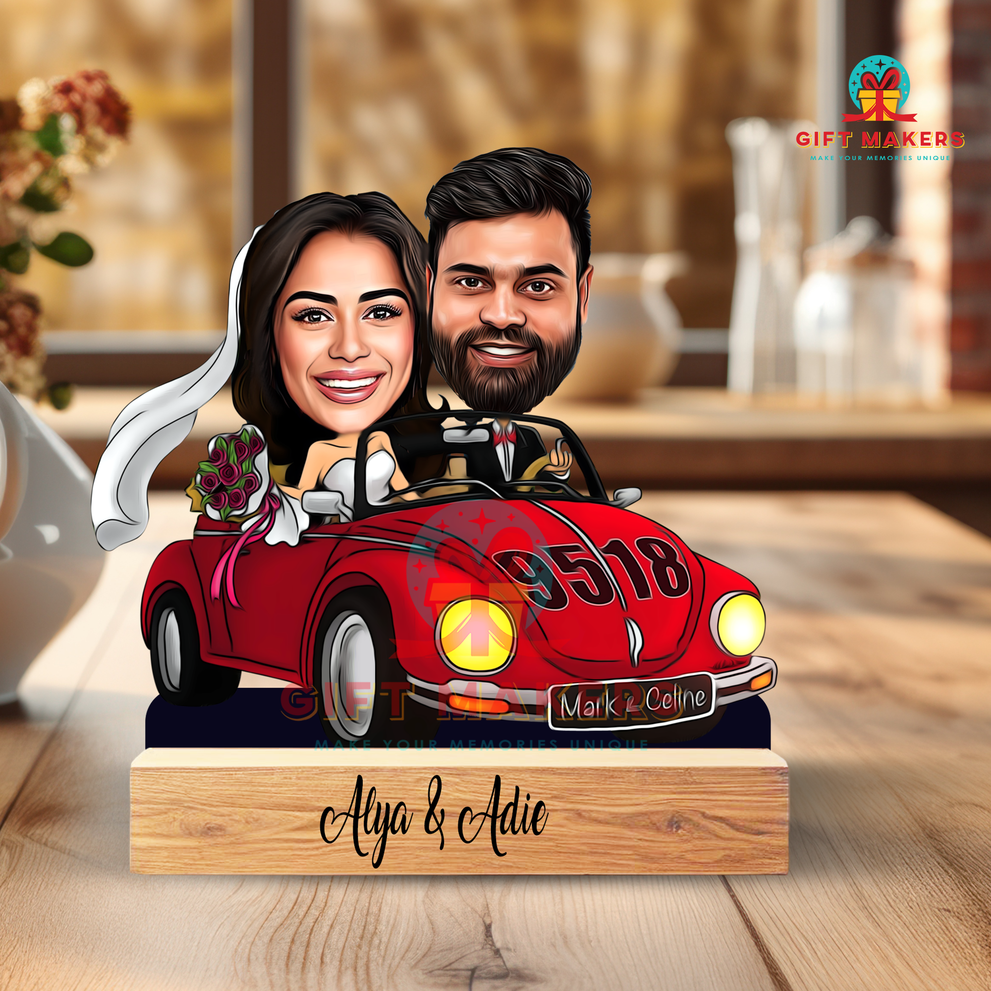 Wedding Couple Caricature Stand, Modern Race Car Theme Table Decor, Home Decor Gifts, Valentines Day Gift, Custom Name Caricature Decor