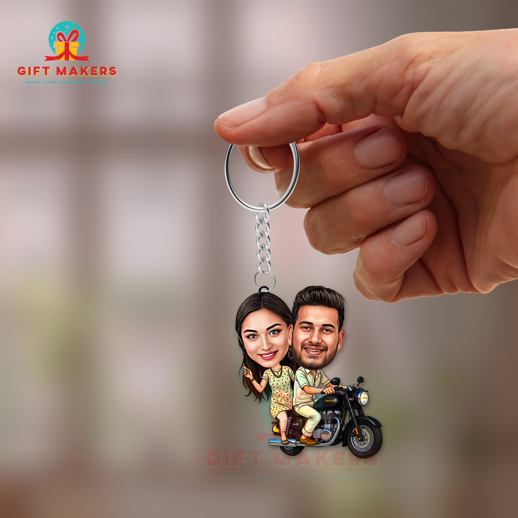 Casual Lovers Caricature Keychain, Royal Enfield Theme Couple Portrait Keychains, Valentines day Loved Ones Gifts