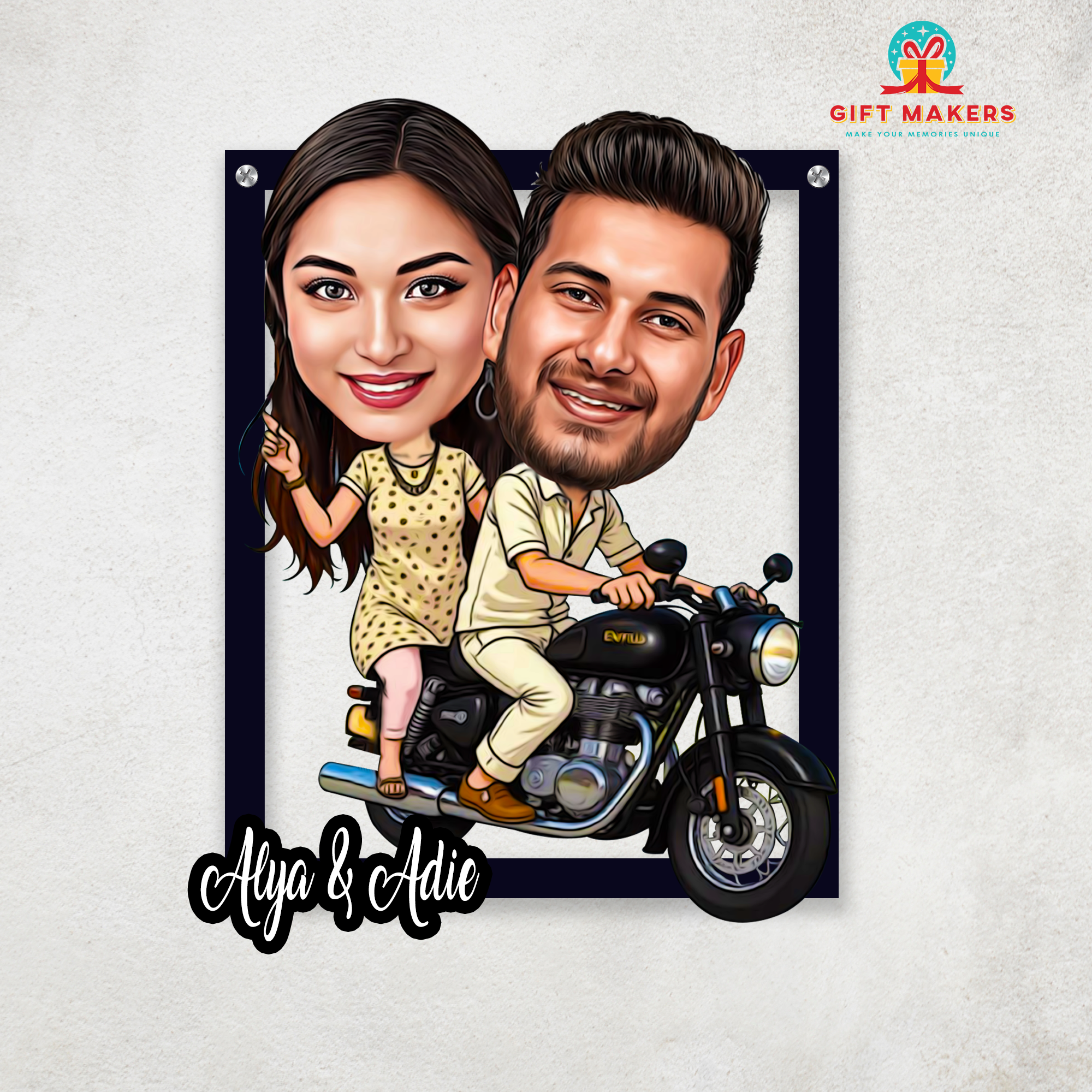 Caricature Wall Decor, Royal Enfield Ride Caricature Gifts, Couple Love Gifts, Valentines Day Caricature for Couples