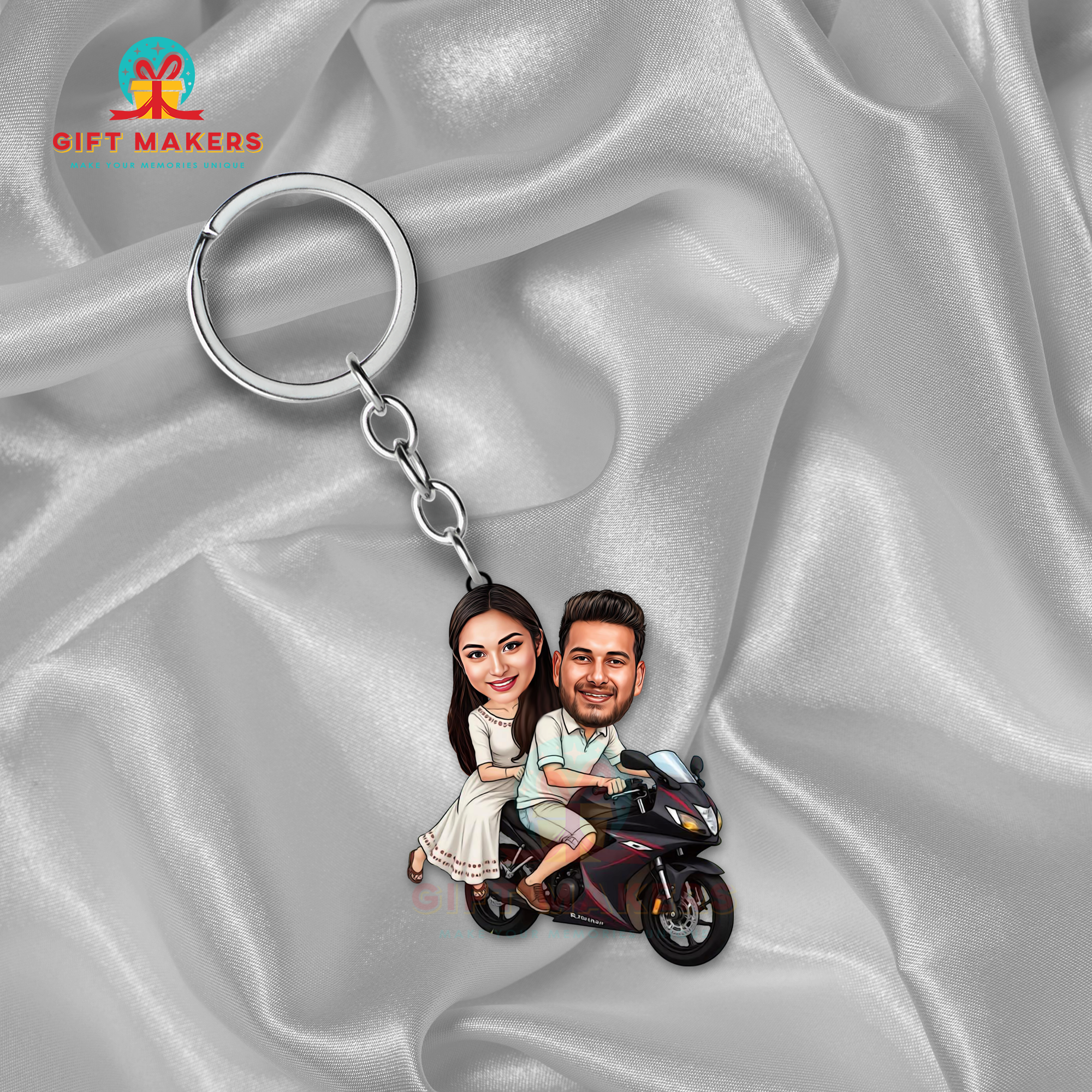 Personalized Caricature Art Keychain, Bike Riding Couple Portrait Keychains, Valentine Gifts, , Keychains for Loved Ones